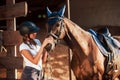 Animal is in blue clothes. Horsewoman in uniform and black protective helmet with her horse Royalty Free Stock Photo