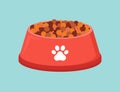 Animal bowl plate with food dog and cat. Flat bowl food biscuit isolated dish plastic red cartoon icon.