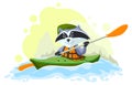 Animal boy scout raccoon swim boat canoe vector cartoon