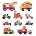 Animal car drivers. Cartoon kids vehicle, funny animals transportation group. Cute racers, isolated reptiles lion