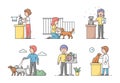 Animal Care Concept. Male And Female Characters Take Care And Look After Domestic Animals. People Walk, Groom, Visit