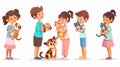 Animal care for kids - boy holds dog in hands and girl hugs cat. Cartoon modern illustration set of happy little Royalty Free Stock Photo