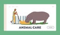 Animal Care Landing Page Template. Zoo Worker Male Character Feeding Hippopotamus with Hay, Zookeeper Caring of Animal