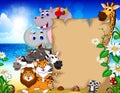 animal cartoon with blank sign and tropical beach background Royalty Free Stock Photo