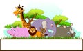 Animal cartoon with blank sign and tropical forest background Royalty Free Stock Photo