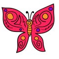 Thin line doodle butterfly, cartoon happy bug isolated on white background.