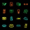 An animal cat neon icons in set collection for design. Caring for a cat vector symbol stock web illustration. Royalty Free Stock Photo