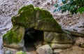 Animal cave under some stones and sand, small tunnel in a wall, Rocks covered in moss