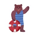 Animal character brown, lifeguard bear in a swimsuit, life suit and lifebuoy on a white background. Vector illustration in a flat Royalty Free Stock Photo