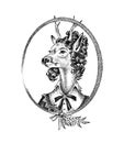 Animal character. Deer lady or doe with flowers. Hand drawn portrait. Engraved old monochrome sketch for card, label or