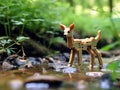 Animal characters built using plastic blocks and placed in nature.