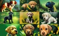 Animal characters for cartoons. Cute emotional puppies. Green background with flowers in the forest. Illustration for advertising