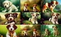 Animal characters for cartoons. Cute emotional puppies. Green background with flowers in the forest. Illustration for advertising Royalty Free Stock Photo