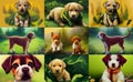 Animal characters for cartoons. Cute emotional puppies. Green background with flowers in the forest. Illustration for advertising