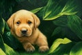 Animal characters for cartoons. Cute emotional puppies. Green background with flowers in the forest. Illustration for advertising
