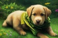 Animal characters for cartoons. Cute emotional puppies. Green background with flowers in the forest. Illustration for advertising