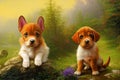 Animal characters for cartoons. Cute emotional puppies. Green background with flowers in the forest. Illustration for advertising