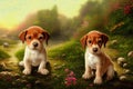 Animal characters for cartoons. Cute emotional puppies. Green background with flowers in the forest. Illustration for advertising