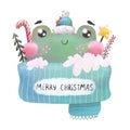 Merry Christmas. Cartoon frog. hand drawing lettering. holiday theme. Colorful illustration