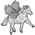 Animal coloring pages. Pony with wings. Line art design in zentangle style.