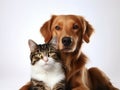 Animal Companionship: Happy Dog and Cat Together on White Background. Generative ai Royalty Free Stock Photo