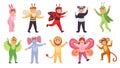 Animal cosplay. Child masquerade of animals characters, carnival costum kids dress party children wearing cute costumes Royalty Free Stock Photo