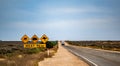 Crossing notice for camels, wombats and kangaroos on Eyre Highway on the Far West Coast of South Australia near the Nullarbor road Royalty Free Stock Photo