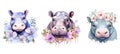 animal cute hippopotamus floral watercolor ai generated