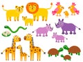 Cute lion and parrot, snake and rhino, giraffe and turtle families.