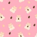 Animal cute patterns. Hamster eat butter with sunflower seeds on pink background