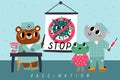 Animal doctors in office. Fighting bacteria. Vaccination benefits. Educational poster. Characters at physicians