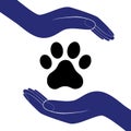 Animal dog paw in people hand, human help encourage vector illustration.