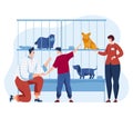 Animal dog shelter, vector illustration. Woman man people character and cartoon pet, homeless puppy in cage look at Royalty Free Stock Photo