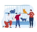 Animal dog shelter, vector illustration. Woman man people character and cartoon pet, homeless puppy in cage look at