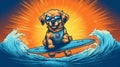 animal dog surfer funny wave ocean puppy vacation summer beach. Generative AI.
