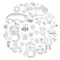 Animal Doodles Set. Cute Animals sketch. Hand drawn Cartoon Vector illustration on white background