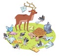 Animal ecological problem. Animals surrounded by garbage and plastic bags. Cartoon style