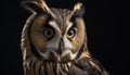 Animal eye staring, nature wisdom in a great horned owl generated by AI