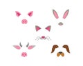 Animal face dog,rabbit,cow,pig,cat elements set. Vector illustration. Animal character ears and nose. Video chart filter effect Royalty Free Stock Photo