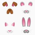 Animal face elements - ears and nose. Dog, mouse, cat, bunny, rabbit or hare. Selfie photo and video chart filter mask. Vector.