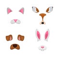 Animal face elements set. Vector illustration. For selfie photo decor. Constructor. Cartoon mask of cat,deer,rabbit,dog. Isolated