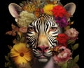 animal face has bright flowers and butterflies generative AI