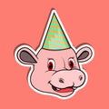 Animal Face Sticker With Hippopotamus Wearing Party Hat. Character Design. Royalty Free Stock Photo