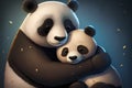 Animal family caring mother panda hugging baby