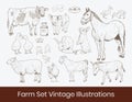 animal farm set bundle sketch illustration in vintage style design