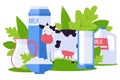 Animal farm, environmentally friendly dairy product collection vector illustration. Milk pack, cottage cheese in bowl Royalty Free Stock Photo