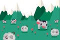 Animal farm, graze animal in mountainous locality collection vector illustration. Cow and horned ram sheep with clean