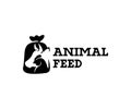 Animal feed and pet food, cow, chicken in burlap pouch sack bag, logo design. Food for cattle, livestock, farm, vector design Royalty Free Stock Photo