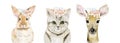 Animal floral set. Watercolor Flower Wreath Cute animals Rabbit Cat Deer heads on white