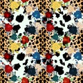 Animal flower seamless pattern in . Leopard skin and flowers background.